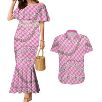 Pink Aloha Hawaii Shell Lei Couples Matching Mermaid Dress and Hawaiian Shirt Palaka Hebrew Cone Honey Cowrie Elegant Curves LT14 Pink - Polynesian Pride