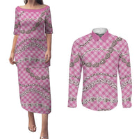 Pink Aloha Hawaii Shell Lei Couples Matching Puletasi and Long Sleeve Button Shirt Palaka Hebrew Cone Honey Cowrie Elegant Curves LT14 Pink - Polynesian Pride
