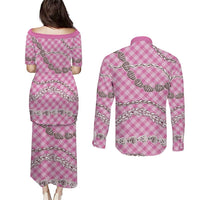 Pink Aloha Hawaii Shell Lei Couples Matching Puletasi and Long Sleeve Button Shirt Palaka Hebrew Cone Honey Cowrie Elegant Curves LT14 - Polynesian Pride