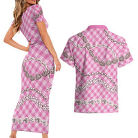 Pink Aloha Hawaii Shell Lei Couples Matching Short Sleeve Bodycon Dress and Hawaiian Shirt Palaka Hebrew Cone Honey Cowrie Elegant Curves LT14 - Polynesian Pride
