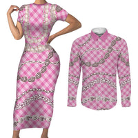 Pink Aloha Hawaii Shell Lei Couples Matching Short Sleeve Bodycon Dress and Long Sleeve Button Shirt Palaka Hebrew Cone Honey Cowrie Elegant Curves - Polynesian Pride