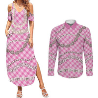 Pink Aloha Hawaii Shell Lei Couples Matching Summer Maxi Dress and Long Sleeve Button Shirt Palaka Hebrew Cone Honey Cowrie Elegant Curves - Polynesian Pride