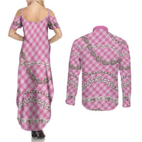 Pink Aloha Hawaii Shell Lei Couples Matching Summer Maxi Dress and Long Sleeve Button Shirt Palaka Hebrew Cone Honey Cowrie Elegant Curves - Polynesian Pride