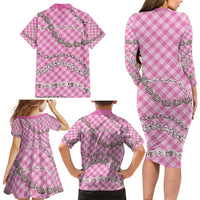 Pink Aloha Hawaii Shell Lei Family Matching Long Sleeve Bodycon Dress and Hawaiian Shirt Palaka Hebrew Cone Honey Cowrie Elegant Curves - Polynesian Pride
