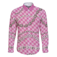 Pink Aloha Hawaii Shell Lei Family Matching Long Sleeve Bodycon Dress and Hawaiian Shirt Palaka Hebrew Cone Honey Cowrie Elegant Curves - Polynesian Pride