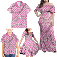 Pink Aloha Hawaii Shell Lei Family Matching Off Shoulder Maxi Dress and Hawaiian Shirt Palaka Hebrew Cone Honey Cowrie Elegant Curves LT14 - Polynesian Pride