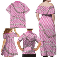 Pink Aloha Hawaii Shell Lei Family Matching Off Shoulder Maxi Dress and Hawaiian Shirt Palaka Hebrew Cone Honey Cowrie Elegant Curves LT14 - Polynesian Pride
