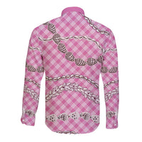 Pink Aloha Hawaii Shell Lei Long Sleeve Button Shirt Palaka Hebrew Cone Honey Cowrie Elegant Curves - Polynesian Pride