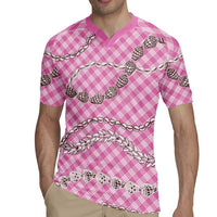 Pink Aloha Hawaii Shell Lei Rugby Jersey Palaka Hebrew Cone Honey Cowrie Elegant Curves - Polynesian Pride