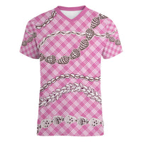 Pink Aloha Hawaii Shell Lei Women V-Neck T-Shirt Palaka Hebrew Cone Honey Cowrie Elegant Curves - Polynesian Pride