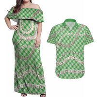 Green Aloha Hawaii Shell Lei Couples Matching Off Shoulder Maxi Dress and Hawaiian Shirt Palaka Hebrew Cone Honey Cowrie Elegant Curves LT14 Green - Polynesian Pride