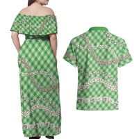 Green Aloha Hawaii Shell Lei Couples Matching Off Shoulder Maxi Dress and Hawaiian Shirt Palaka Hebrew Cone Honey Cowrie Elegant Curves LT14 - Polynesian Pride