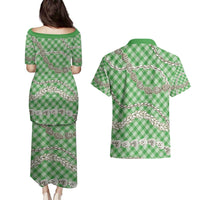 Green Aloha Hawaii Shell Lei Couples Matching Puletasi and Hawaiian Shirt Palaka Hebrew Cone Honey Cowrie Elegant Curves - Polynesian Pride