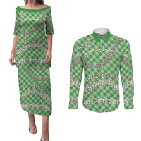 Green Aloha Hawaii Shell Lei Couples Matching Puletasi and Long Sleeve Button Shirt Palaka Hebrew Cone Honey Cowrie Elegant Curves LT14 Green - Polynesian Pride