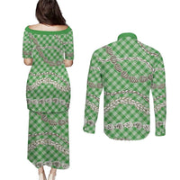 Green Aloha Hawaii Shell Lei Couples Matching Puletasi and Long Sleeve Button Shirt Palaka Hebrew Cone Honey Cowrie Elegant Curves LT14 - Polynesian Pride