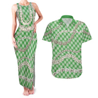 Green Aloha Hawaii Shell Lei Couples Matching Tank Maxi Dress and Hawaiian Shirt Palaka Hebrew Cone Honey Cowrie Elegant Curves LT14 Green - Polynesian Pride