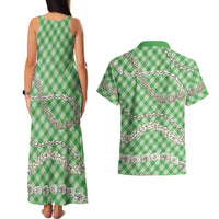 Green Aloha Hawaii Shell Lei Couples Matching Tank Maxi Dress and Hawaiian Shirt Palaka Hebrew Cone Honey Cowrie Elegant Curves LT14 - Polynesian Pride