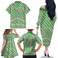 Green Aloha Hawaii Shell Lei Family Matching Off The Shoulder Long Sleeve Dress and Hawaiian Shirt Palaka Hebrew Cone Honey Cowrie Elegant Curves LT14 - Polynesian Pride