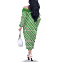 Green Aloha Hawaii Shell Lei Family Matching Off The Shoulder Long Sleeve Dress and Hawaiian Shirt Palaka Hebrew Cone Honey Cowrie Elegant Curves LT14 - Polynesian Pride