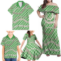 Green Aloha Hawaii Shell Lei Family Matching Off Shoulder Maxi Dress and Hawaiian Shirt Palaka Hebrew Cone Honey Cowrie Elegant Curves LT14 - Polynesian Pride