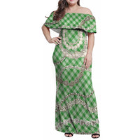 Green Aloha Hawaii Shell Lei Family Matching Off Shoulder Maxi Dress and Hawaiian Shirt Palaka Hebrew Cone Honey Cowrie Elegant Curves - Polynesian Pride