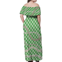 Green Aloha Hawaii Shell Lei Family Matching Off Shoulder Maxi Dress and Hawaiian Shirt Palaka Hebrew Cone Honey Cowrie Elegant Curves LT14 - Polynesian Pride