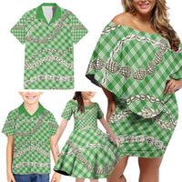 Green Aloha Hawaii Shell Lei Family Matching Off Shoulder Short Dress and Hawaiian Shirt Palaka Hebrew Cone Honey Cowrie Elegant Curves LT14 - Polynesian Pride