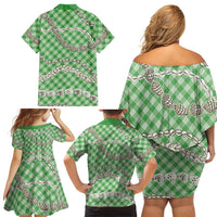 Green Aloha Hawaii Shell Lei Family Matching Off Shoulder Short Dress and Hawaiian Shirt Palaka Hebrew Cone Honey Cowrie Elegant Curves LT14 - Polynesian Pride