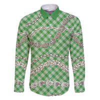 Green Aloha Hawaii Shell Lei Family Matching Off Shoulder Short Dress and Hawaiian Shirt Palaka Hebrew Cone Honey Cowrie Elegant Curves - Polynesian Pride