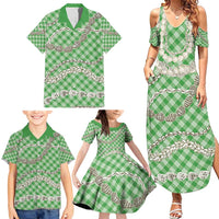 Green Aloha Hawaii Shell Lei Family Matching Summer Maxi Dress and Hawaiian Shirt Palaka Hebrew Cone Honey Cowrie Elegant Curves LT14 - Polynesian Pride
