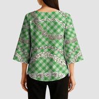 Green Aloha Hawaii Shell Lei Kimono Sleeve Blouse Palaka Hebrew Cone Honey Cowrie Elegant Curves - Polynesian Pride