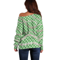 Green Aloha Hawaii Shell Lei Off Shoulder Sweater Palaka Hebrew Cone Honey Cowrie Elegant Curves - Polynesian Pride