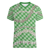 Green Aloha Hawaii Shell Lei Women V-Neck T-Shirt Palaka Hebrew Cone Honey Cowrie Elegant Curves - Polynesian Pride