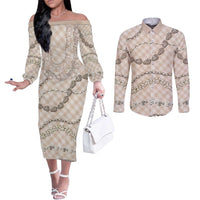Beige Aloha Hawaii Shell Lei Couples Matching Off The Shoulder Long Sleeve Dress and Long Sleeve Button Shirt Palaka Hebrew Cone Honey Cowrie Elegant Curves - Polynesian Pride