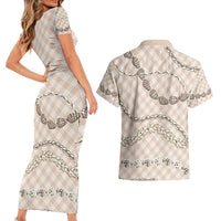 Beige Aloha Hawaii Shell Lei Couples Matching Short Sleeve Bodycon Dress and Hawaiian Shirt Palaka Hebrew Cone Honey Cowrie Elegant Curves LT14 - Polynesian Pride