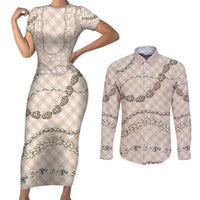 Beige Aloha Hawaii Shell Lei Couples Matching Short Sleeve Bodycon Dress and Long Sleeve Button Shirt Palaka Hebrew Cone Honey Cowrie Elegant Curves - Polynesian Pride