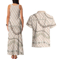 Beige Aloha Hawaii Shell Lei Couples Matching Tank Maxi Dress and Hawaiian Shirt Palaka Hebrew Cone Honey Cowrie Elegant Curves - Polynesian Pride