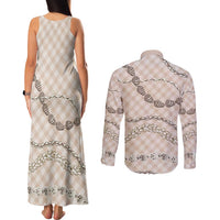 Beige Aloha Hawaii Shell Lei Couples Matching Tank Maxi Dress and Long Sleeve Button Shirt Palaka Hebrew Cone Honey Cowrie Elegant Curves - Polynesian Pride