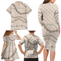 Beige Aloha Hawaii Shell Lei Family Matching Long Sleeve Bodycon Dress and Hawaiian Shirt Palaka Hebrew Cone Honey Cowrie Elegant Curves LT14 - Polynesian Pride