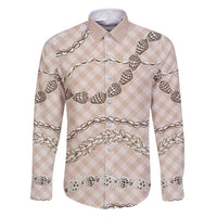 Beige Aloha Hawaii Shell Lei Family Matching Long Sleeve Bodycon Dress and Hawaiian Shirt Palaka Hebrew Cone Honey Cowrie Elegant Curves LT14 Dad's Shirt - Long Sleeve Beige - Polynesian Pride