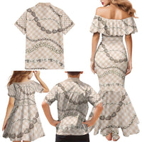 Beige Aloha Hawaii Shell Lei Family Matching Mermaid Dress and Hawaiian Shirt Palaka Hebrew Cone Honey Cowrie Elegant Curves - Polynesian Pride