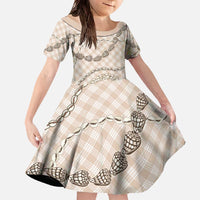 Beige Aloha Hawaii Shell Lei Family Matching Off The Shoulder Long Sleeve Dress and Hawaiian Shirt Palaka Hebrew Cone Honey Cowrie Elegant Curves LT14 Daughter's Dress Beige - Polynesian Pride