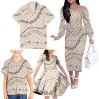 Beige Aloha Hawaii Shell Lei Family Matching Off The Shoulder Long Sleeve Dress and Hawaiian Shirt Palaka Hebrew Cone Honey Cowrie Elegant Curves LT14 - Polynesian Pride