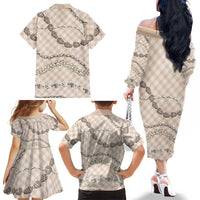 Beige Aloha Hawaii Shell Lei Family Matching Off The Shoulder Long Sleeve Dress and Hawaiian Shirt Palaka Hebrew Cone Honey Cowrie Elegant Curves LT14 - Polynesian Pride