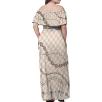 Beige Aloha Hawaii Shell Lei Family Matching Off Shoulder Maxi Dress and Hawaiian Shirt Palaka Hebrew Cone Honey Cowrie Elegant Curves LT14 - Polynesian Pride