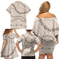 Beige Aloha Hawaii Shell Lei Family Matching Off Shoulder Short Dress and Hawaiian Shirt Palaka Hebrew Cone Honey Cowrie Elegant Curves LT14 - Polynesian Pride