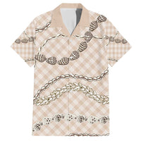 Beige Aloha Hawaii Shell Lei Family Matching Off Shoulder Short Dress and Hawaiian Shirt Palaka Hebrew Cone Honey Cowrie Elegant Curves - Polynesian Pride