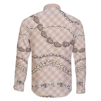 Beige Aloha Hawaii Shell Lei Family Matching Off Shoulder Short Dress and Hawaiian Shirt Palaka Hebrew Cone Honey Cowrie Elegant Curves LT14 - Polynesian Pride