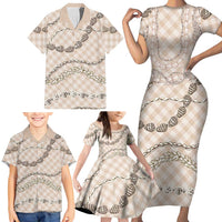 Beige Aloha Hawaii Shell Lei Family Matching Short Sleeve Bodycon Dress and Hawaiian Shirt Palaka Hebrew Cone Honey Cowrie Elegant Curves LT14 - Polynesian Pride