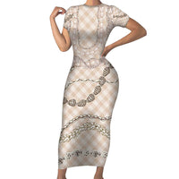 Beige Aloha Hawaii Shell Lei Family Matching Short Sleeve Bodycon Dress and Hawaiian Shirt Palaka Hebrew Cone Honey Cowrie Elegant Curves LT14 Mom's Dress Beige - Polynesian Pride